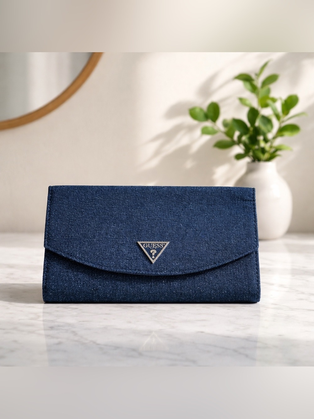 Guess Navy Denim Envelope Clutch Triangle Logo Structured Evening Bag